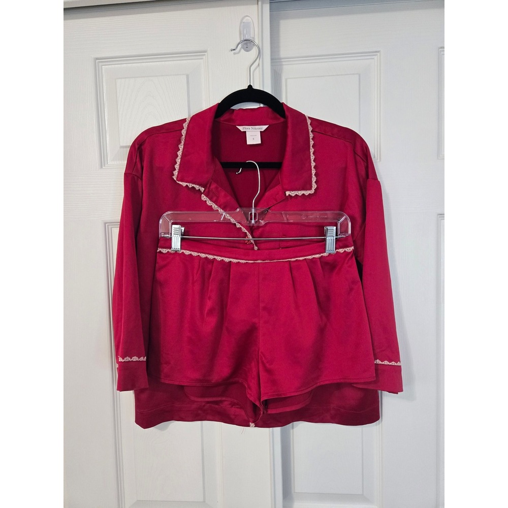 Flora Nikrooz Red Satin Pajama Set Lace Trim Button Front Top and Shorts Small